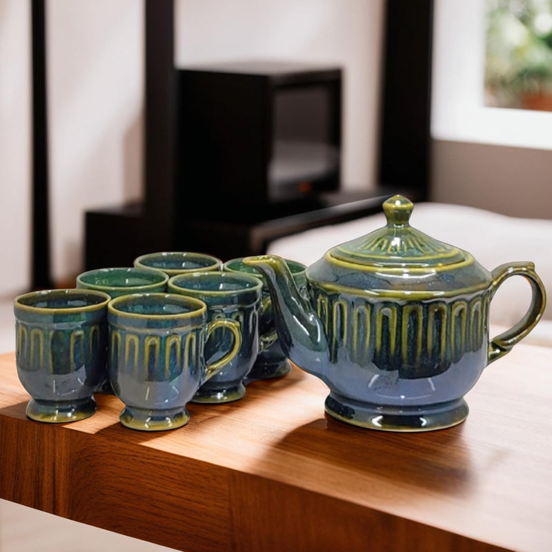 KITTENS Handcrafted Ceramic Tea Set with Kettle - 6 Cups (140ml) - Glossy Green Finish - Microwave & Dishwasher Safe - Food Grade - Elegant Gift Set for Tea Lovers - Image 2