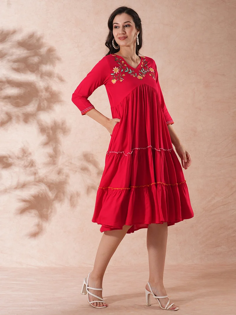 globus Globus Women Yoke Embroidered Alia Cut Tiered A-Line Ethnic Dress