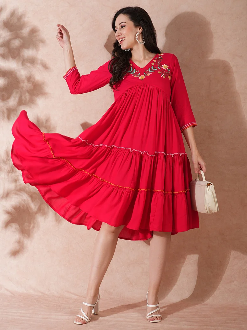 globus Globus Women Yoke Embroidered Alia Cut Tiered A-Line Ethnic Dress