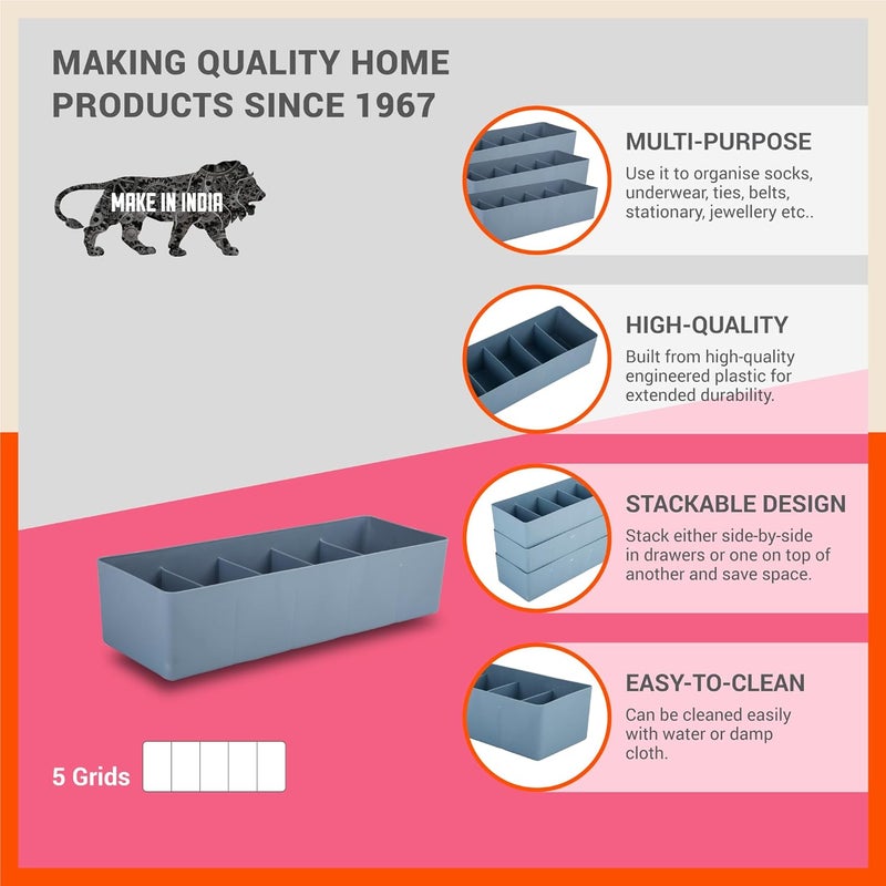 Bathla منظمات الأدراج (مجموعة من 8) - 5 أقسام بلون رمادي متعدد الاستخدامات لفصل التخزين في الخزائن | منظمات خزانة قابلة للتكديس للجوارب، الملابس الداخلية، الرباط، المجوهرات والقرطاسية | صندوق تخزين بلاستيكي - Image 2