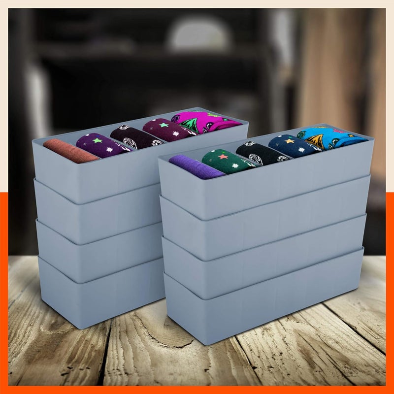 Bathla منظمات الأدراج (مجموعة من 8) - 5 أقسام بلون رمادي متعدد الاستخدامات لفصل التخزين في الخزائن | منظمات خزانة قابلة للتكديس للجوارب، الملابس الداخلية، الرباط، المجوهرات والقرطاسية | صندوق تخزين بلاستيكي - Image 1