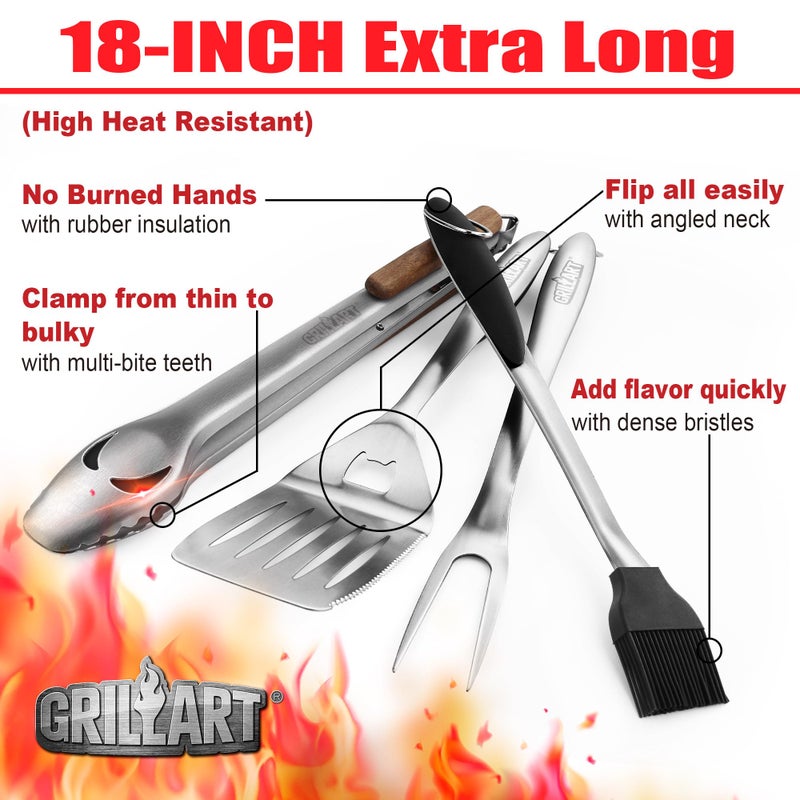 GRILLART BBQ Tools Grill Tools Set -18Inch Grilling Tools BBQ Set - Grill Accessories w/BBQ Tongs, Spatula, Fork, Brush- Stainless Grill Kit Grilling Set - Gift Ideas BBQ Accessories Gifts for Men Dad - Image 2