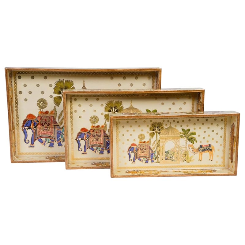Amimashop Wooden Tray Set of 3 - Serving Trays for Home Decor, Kitchen, and Dining with Sizes: 16” x 11” x 2”, 14” x 10” x 1.75”, 12” x 9” x 1.5”|Wooden Serving Tray Set of 3 (Elephant) - Image 1