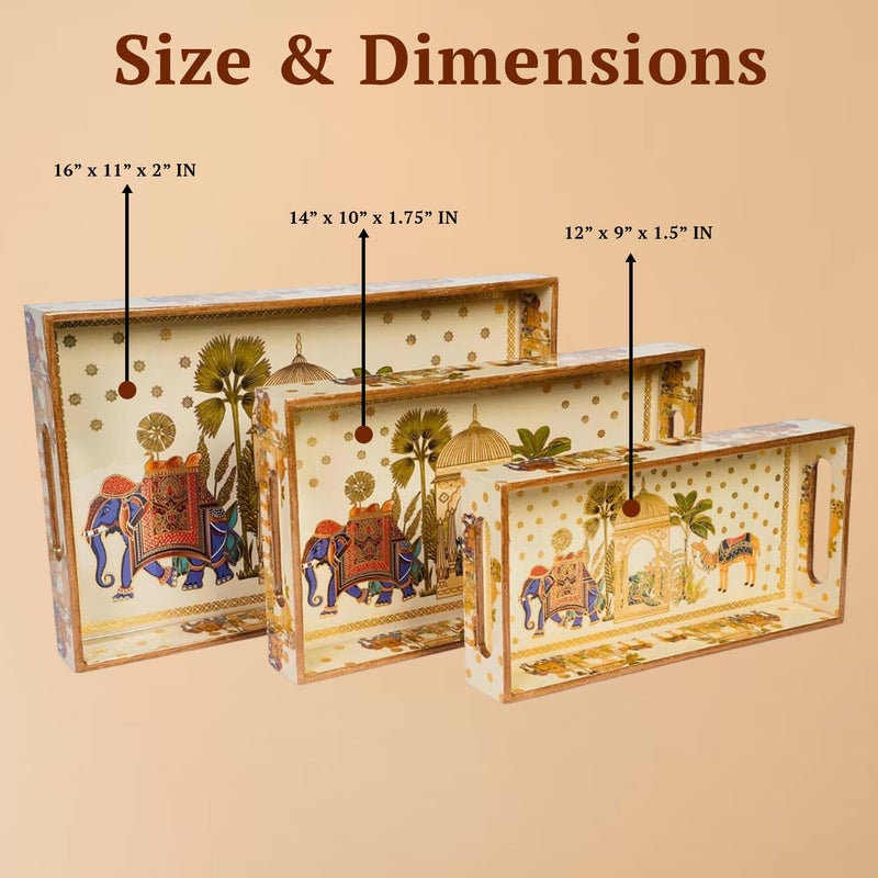 Amimashop Wooden Tray Set of 3 - Serving Trays for Home Decor, Kitchen, and Dining with Sizes: 16” x 11” x 2”, 14” x 10” x 1.75”, 12” x 9” x 1.5”|Wooden Serving Tray Set of 3 (Elephant) - Image 2