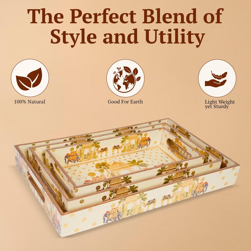 Amimashop Wooden Tray Set of 3 - Serving Trays for Home Decor, Kitchen, and Dining with Sizes: 16” x 11” x 2”, 14” x 10” x 1.75”, 12” x 9” x 1.5”|Wooden Serving Tray Set of 3 (Elephant) - Image 4