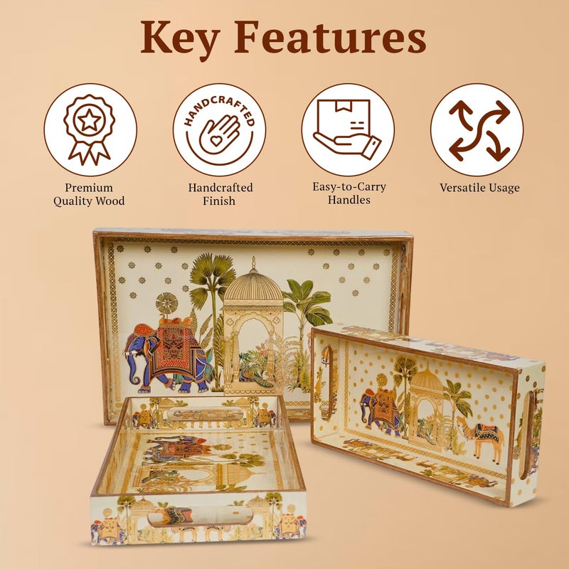 Amimashop Wooden Tray Set of 3 - Serving Trays for Home Decor, Kitchen, and Dining with Sizes: 16” x 11” x 2”, 14” x 10” x 1.75”, 12” x 9” x 1.5”|Wooden Serving Tray Set of 3 (Elephant) - Image 3