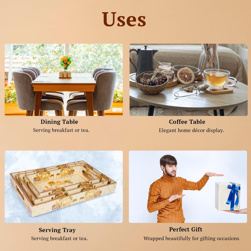 Amimashop Wooden Tray Set of 3 - Serving Trays for Home Decor, Kitchen, and Dining with Sizes: 16” x 11” x 2”, 14” x 10” x 1.75”, 12” x 9” x 1.5”|Wooden Serving Tray Set of 3 (Elephant) - Image 5