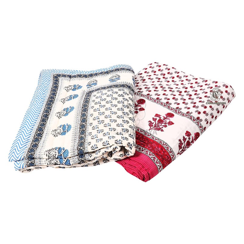 LILFLY 400 TC Jaipuri Light Weight Pure Cotton Traditional Rajasthani Print Single Bed QuiltRazaiRajai Multicolor Butti Print Single Bed Set of 2 - Image 3