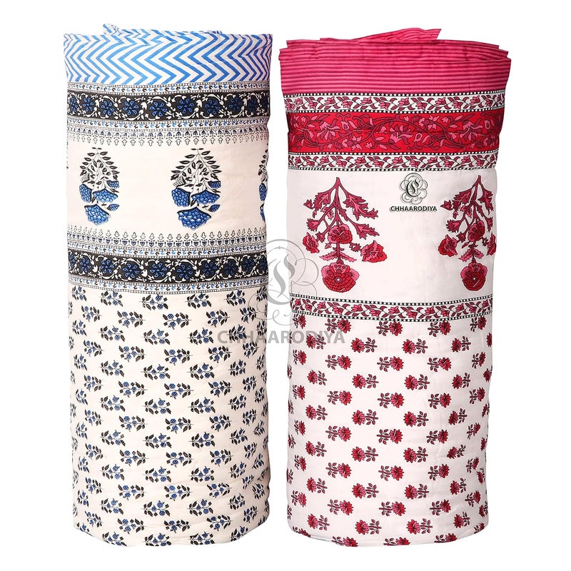 LILFLY 400 TC Jaipuri Light Weight Pure Cotton Traditional Rajasthani Print Single Bed QuiltRazaiRajai Multicolor Butti Print Single Bed Set of 2 - Image 1