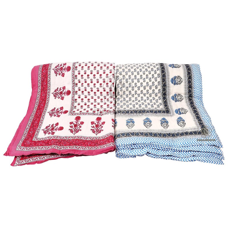 LILFLY 400 TC Jaipuri Light Weight Pure Cotton Traditional Rajasthani Print Single Bed QuiltRazaiRajai Multicolor Butti Print Single Bed Set of 2 - Image 2