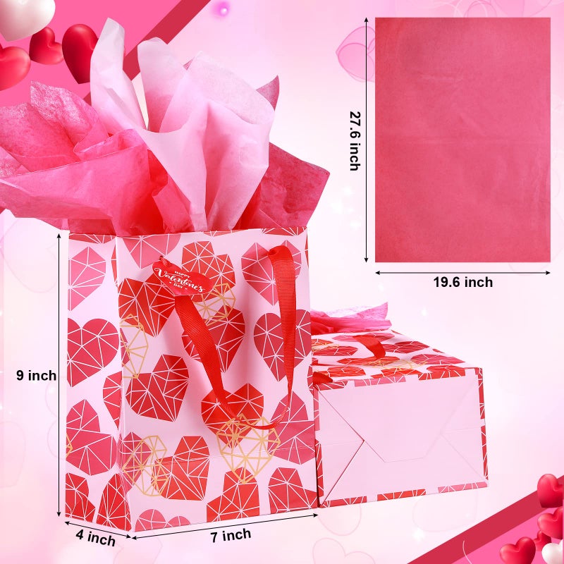 TaoBary 12 Pieces Valentine Gift Bags with Tissue Paper and Heart Shaped Tags Valentine Day Handles Bags Small Valentines Paper Love Goodie Bag for Valentine's Day Party Favors Gift Wrapping - Image 2