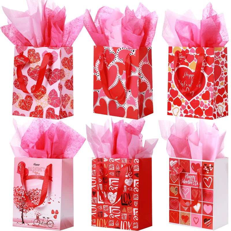 TaoBary 12 Pieces Valentine Gift Bags with Tissue Paper and Heart Shaped Tags Valentine Day Handles Bags Small Valentines Paper Love Goodie Bag for Valentine's Day Party Favors Gift Wrapping - Image 1