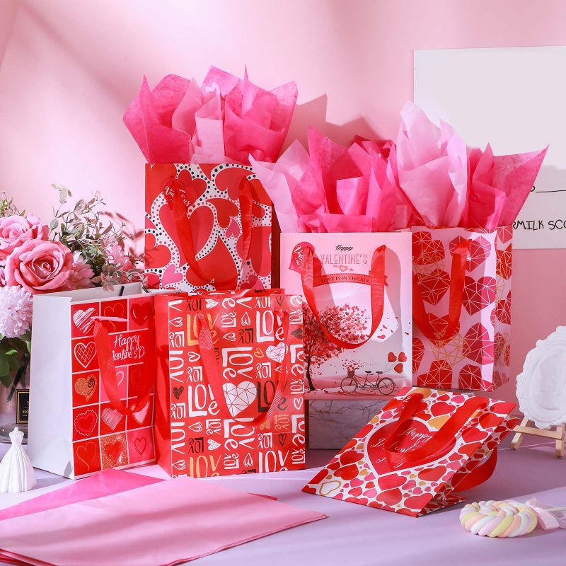 TaoBary 12 Pieces Valentine Gift Bags with Tissue Paper and Heart Shaped Tags Valentine Day Handles Bags Small Valentines Paper Love Goodie Bag for Valentine's Day Party Favors Gift Wrapping - Image 4