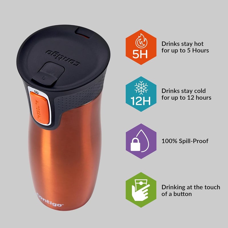 Contigo West Loop Autoseal Travel Mug, Stainless Steel Thermal Mug, Vacuum Flask, Leakproof Tumbler, Coffee Mug with BPA-Free Easy-Clean Lid - Image 3
