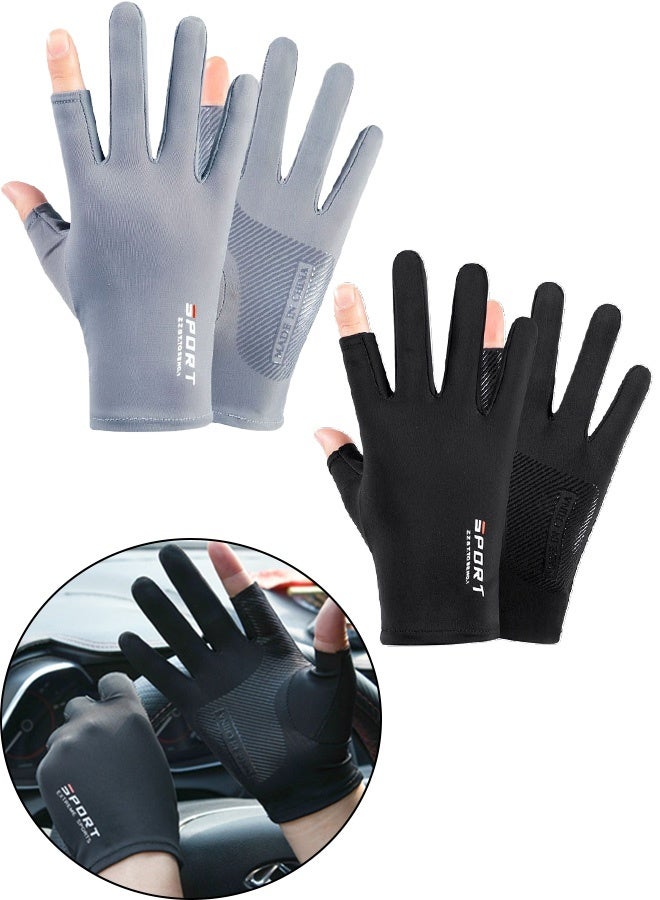 2 Pcs Men's Ice Silk Non Slip Gloves Breathable Thin High Elasticity Anti UV Touch Screen Gloves Ideal for Driving Riding Outdoor Sports Cycling Fishing Daily Commute,Gray and Black - Image 1