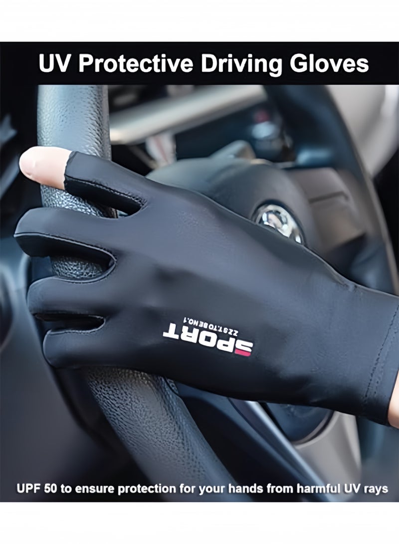 2 Pcs Men's Ice Silk Non Slip Gloves Breathable Thin High Elasticity Anti UV Touch Screen Gloves Ideal for Driving Riding Outdoor Sports Cycling Fishing Daily Commute,Gray and Black - Image 2