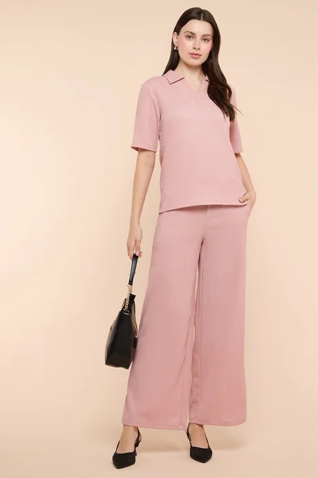 أر أند بي Textured Collared Top with Short Sleeves