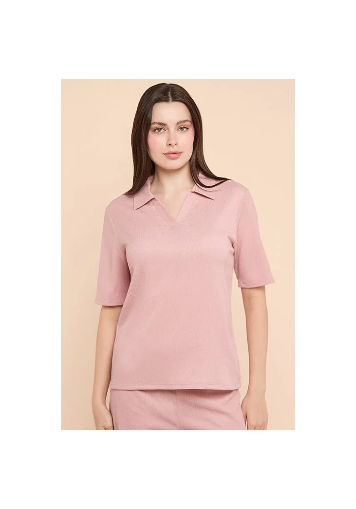 R&b Textured Collared Top with Short Sleeves