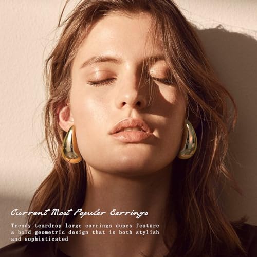 LOUMILEO Earring Dupes Large Chunky Gold Hoop Earrings 14k Plated Waterdrop Teardrop Lightweight Drop Trendy for Women, Gold-40mm - Image 3