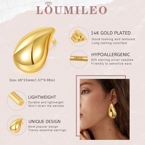 LOUMILEO Earring Dupes Large Chunky Gold Hoop Earrings 14k Plated Waterdrop Teardrop Lightweight Drop Trendy for Women, Gold-40mm - Image 4