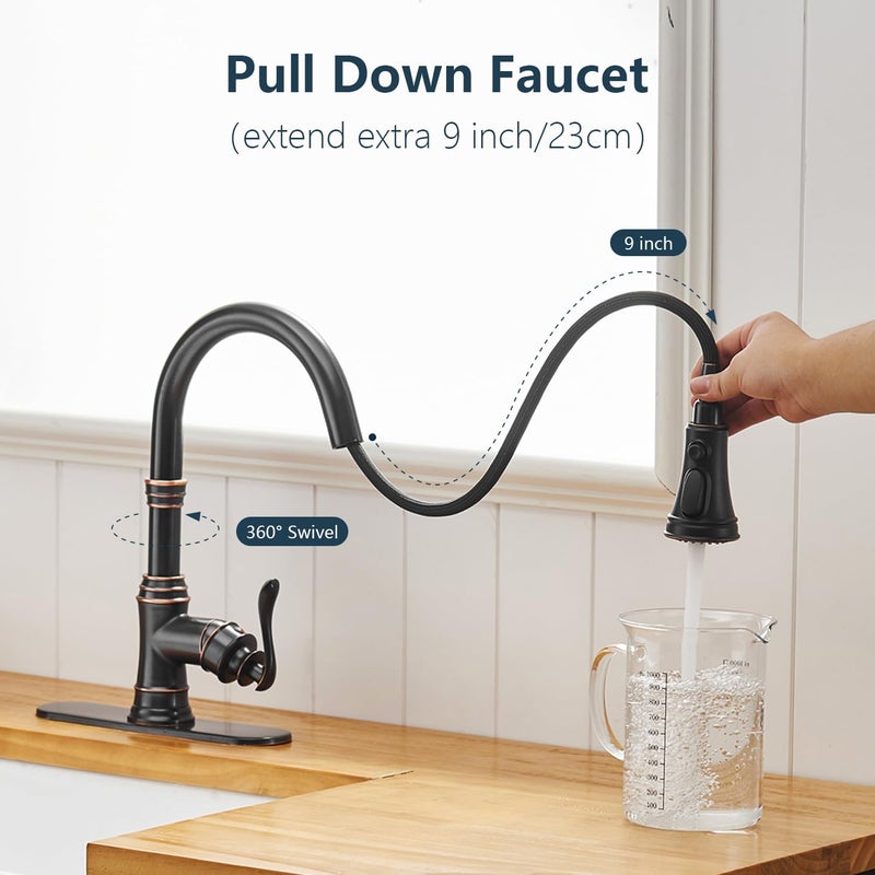 BWE Oil Rubbed Bronze Kitchen Faucet with Pull Down Sprayer, 3 Spray Modes, Single Handle High Arc Kitchen Sink Faucets with Deck Plate Commercial Bar Farmhouse Pull Out Sprayer - Image 3