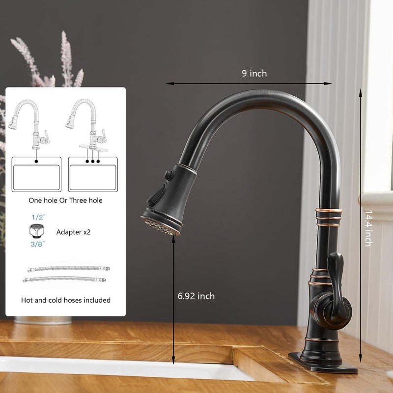 BWE Oil Rubbed Bronze Kitchen Faucet with Pull Down Sprayer, 3 Spray Modes, Single Handle High Arc Kitchen Sink Faucets with Deck Plate Commercial Bar Farmhouse Pull Out Sprayer - Image 5
