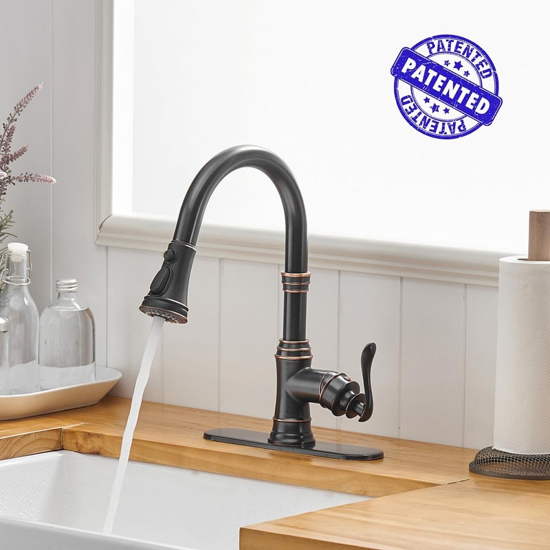 BWE Oil Rubbed Bronze Kitchen Faucet with Pull Down Sprayer, 3 Spray Modes, Single Handle High Arc Kitchen Sink Faucets with Deck Plate Commercial Bar Farmhouse Pull Out Sprayer - Image 2
