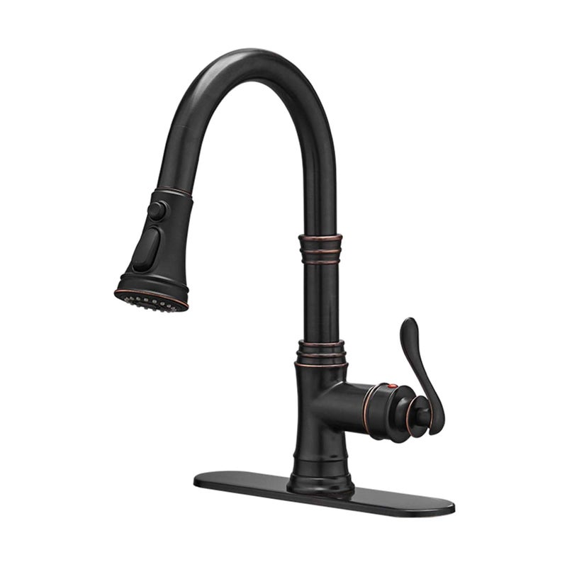 BWE Oil Rubbed Bronze Kitchen Faucet with Pull Down Sprayer, 3 Spray Modes, Single Handle High Arc Kitchen Sink Faucets with Deck Plate Commercial Bar Farmhouse Pull Out Sprayer - Image 1