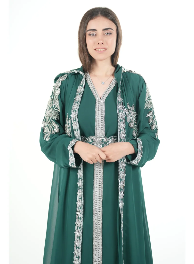 AL BENT AL SHARQIEH Dark Green embroidered kaftan dress jalabia for Women | Best Price UAE