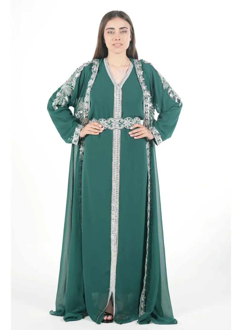 AL BENT AL SHARQIEH Dark Green embroidered kaftan dress jalabia for Women | Best Price UAE