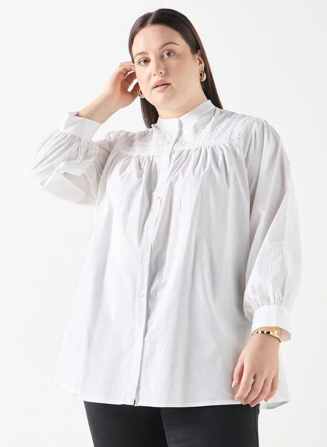 Ulla Popken Plus Size Ulla Popken Embellished Shirt with Mandarin Collar and Long Sleeves