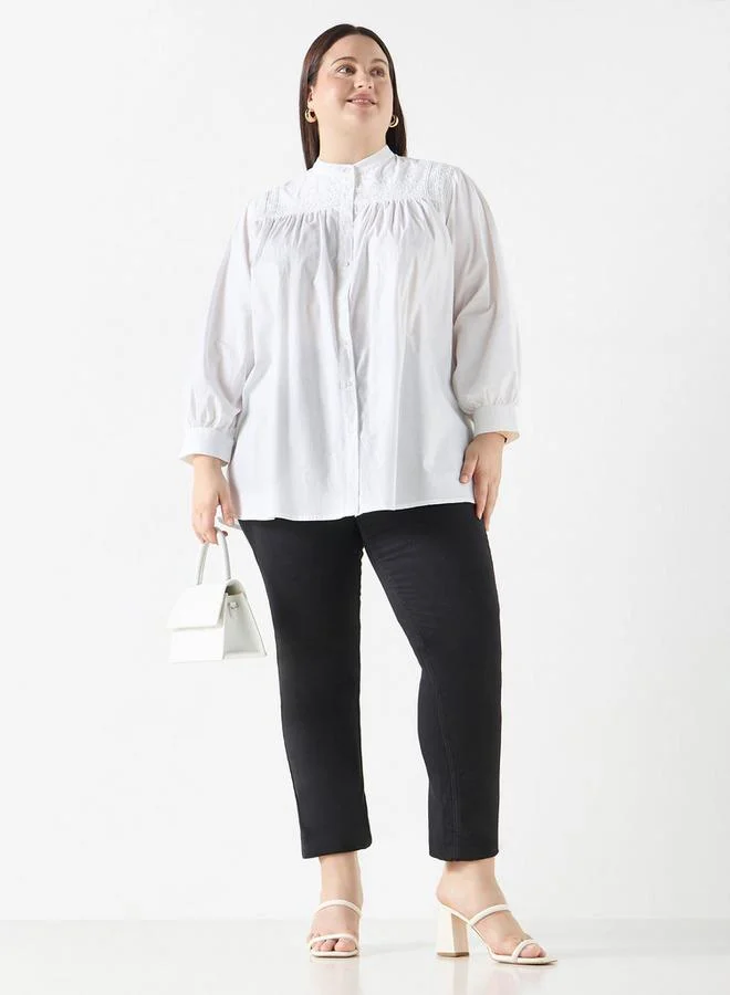 Ulla Popken Plus Size Ulla Popken Embellished Shirt with Mandarin Collar and Long Sleeves