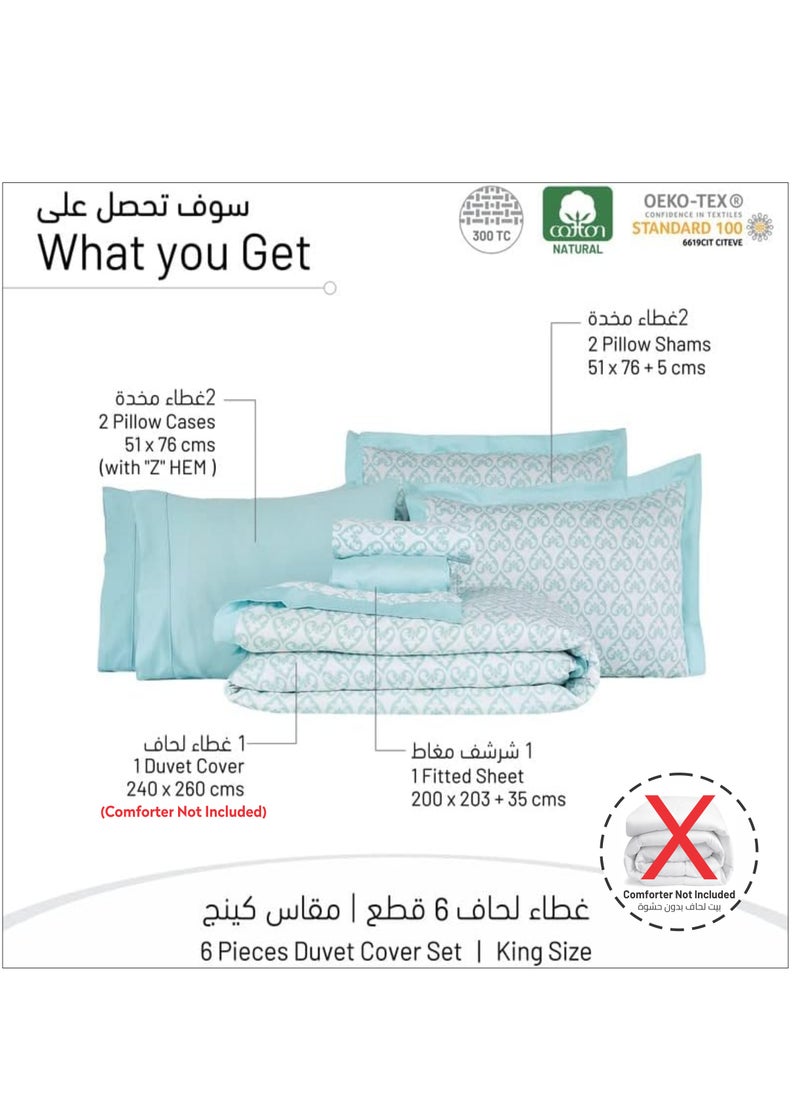 Donetella 6 Piece Cotton Duvet Cover Set Without Filler 300 Thread Count Pure Cotton Fabric King Size 260x240 cm Aqua Blue  - Image 2
