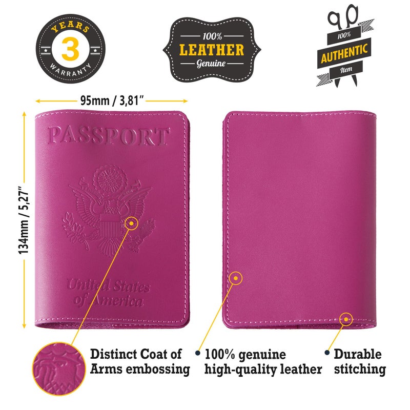 Shvigel US Leather Passport Book Cover - Thin American Travel Passport Holder - Premium International USA Passport Protector Case for Women Men (Pink) - Image 2