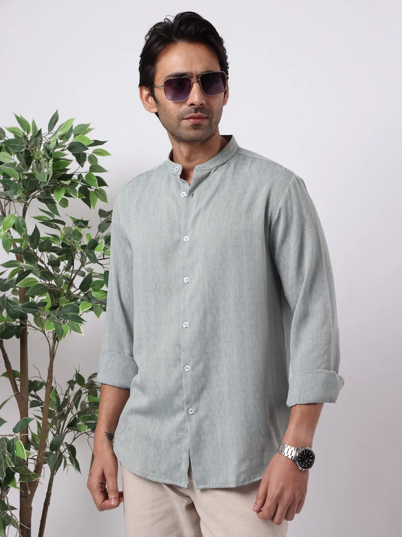 مانياك Maniac Mens Solid Chinese Collar Full Sleeve Soft Twill Fabric Pista Shirt