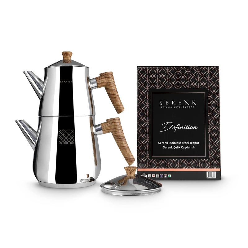 Serenk Definition Stainless Steel Teapot Set, 1L Teapot & 2L Lower Pot, Double-Stacked Design, Induction Compatible, Mirror Polished Finish, Tea Kettle for Home - Image 2