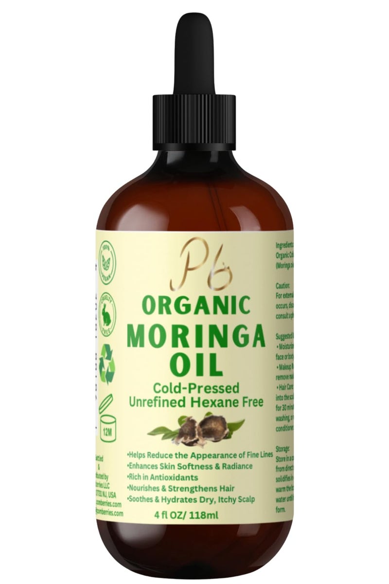 Organic ColdPressed Moringa Oil  100 Pure  Unrefined  Moringa Hydrating Oil for Face Skin Hair  Body  Supports AntiAging  Youthful Appearance 4 fl oz Amber Glass Bottle