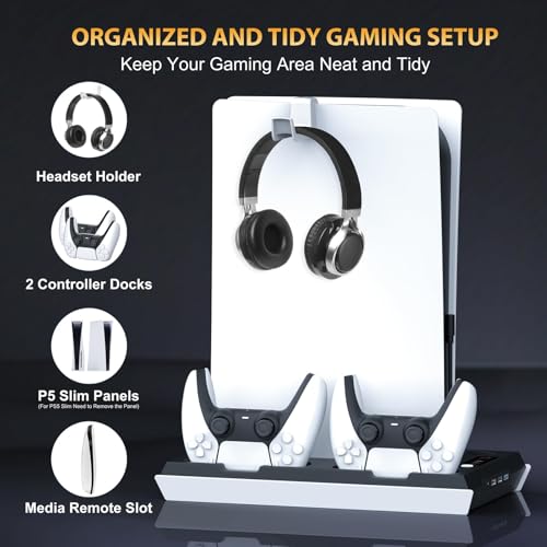 fivtek PS5 PS5 Slim Cooling Station with Dual Controller Charging Station PS 5 Cooling Stand for PlayStation 5 Console Headset Holder PS 5 Cooling Fan4 USB Hub All in One Accessories Organizer Black - Image 3