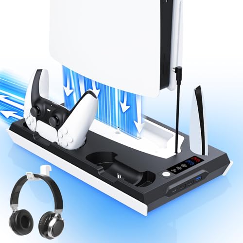 fivtek PS5 PS5 Slim Cooling Station with Dual Controller Charging Station PS 5 Cooling Stand for PlayStation 5 Console Headset Holder PS 5 Cooling Fan4 USB Hub All in One Accessories Organizer Black - Image 1