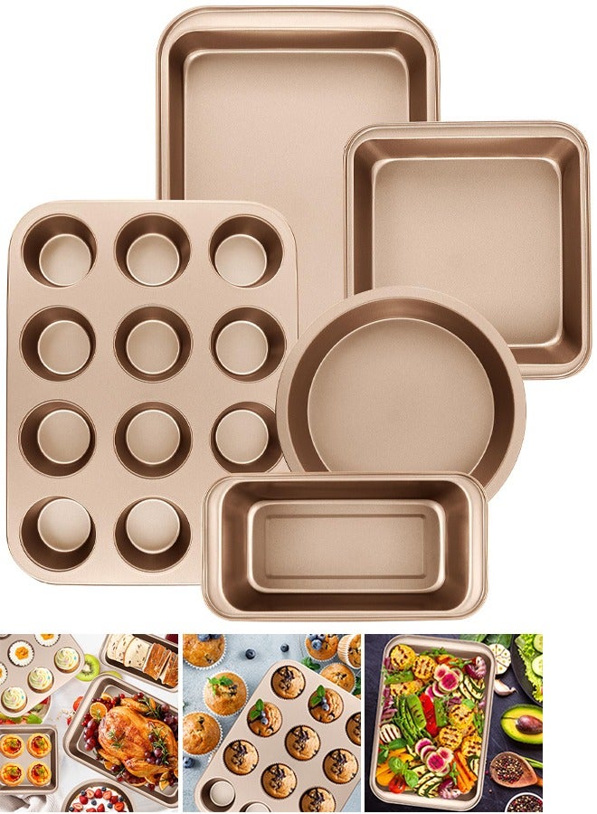 VUCATIN مجموعة من 5 صواني خبز غير لاصقة، صواني خبز للمطبخ للفرن، مجموعات أدوات خبز مع صينية كيك مستديرة/مربعة، صينية مافن، صينية خبز، صينية شواء، مجموعة صواني بسكويت، لوازم خبز (ذهبي شامبانيا) - Image 1