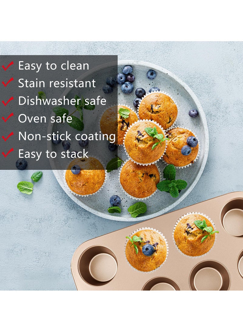 VUCATIN مجموعة من 5 صواني خبز غير لاصقة، صواني خبز للمطبخ للفرن، مجموعات أدوات خبز مع صينية كيك مستديرة/مربعة، صينية مافن، صينية خبز، صينية شواء، مجموعة صواني بسكويت، لوازم خبز (ذهبي شامبانيا) - Image 4