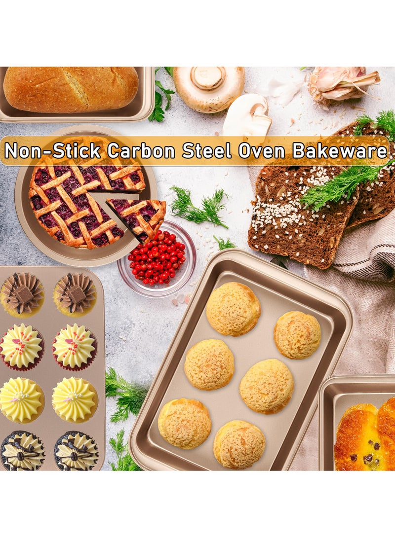 VUCATIN مجموعة من 5 صواني خبز غير لاصقة، صواني خبز للمطبخ للفرن، مجموعات أدوات خبز مع صينية كيك مستديرة/مربعة، صينية مافن، صينية خبز، صينية شواء، مجموعة صواني بسكويت، لوازم خبز (ذهبي شامبانيا) - Image 2