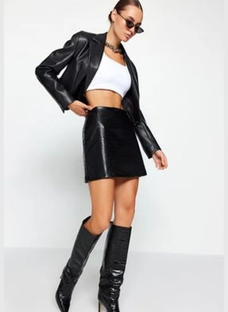 trendyol Black Faux Leather Mini Woven Skirt TWOAW24ET00228