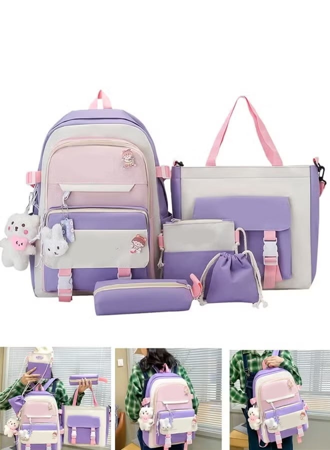 5-piece Cute Kawaii backpack set Back-to-school Stationery bag Backpack Tote Teen laptop bag  - Image 1