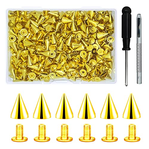 imsiboc 200 Sets 9.5mm Cone Spikes Metal Tree Spikes Screwback Studs for DIY Leathercraft Decoration Punk Rock Style Clothing Accessories (Gold) - Image 1