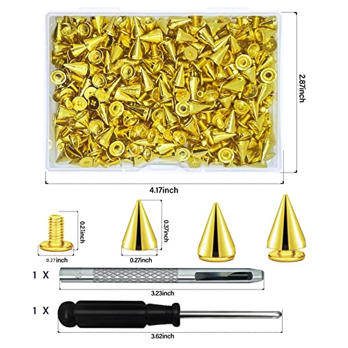 imsiboc 200 Sets 9.5mm Cone Spikes Metal Tree Spikes Screwback Studs for DIY Leathercraft Decoration Punk Rock Style Clothing Accessories (Gold) - Image 2