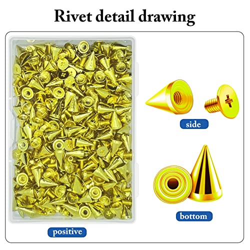 imsiboc 200 Sets 9.5mm Cone Spikes Metal Tree Spikes Screwback Studs for DIY Leathercraft Decoration Punk Rock Style Clothing Accessories (Gold) - Image 3