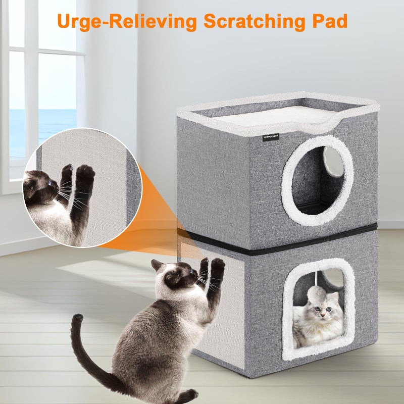 URPOWER 2 Story Cat Bed, Large Cat House for Indoor Cats Covered Cat Cave with Hideaway, Scratch Pad and Fluffy Ball, Foldable Cat Cube Condos Kitten Beds & Furniture for Multiple Small Pets - Image 3