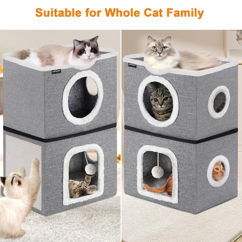URPOWER 2 Story Cat Bed, Large Cat House for Indoor Cats Covered Cat Cave with Hideaway, Scratch Pad and Fluffy Ball, Foldable Cat Cube Condos Kitten Beds & Furniture for Multiple Small Pets - Image 2