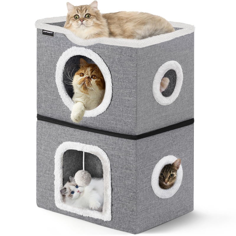 URPOWER 2 Story Cat Bed, Large Cat House for Indoor Cats Covered Cat Cave with Hideaway, Scratch Pad and Fluffy Ball, Foldable Cat Cube Condos Kitten Beds & Furniture for Multiple Small Pets - Image 1